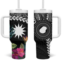 Black Nauru Tumbler With Handle Naoero Map With Polynesian Tropical Flowers LT14 One Size: 40 oz Black - Polynesian Pride