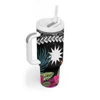 Black Nauru Tumbler With Handle Naoero Map With Polynesian Tropical Flowers LT14 - Polynesian Pride