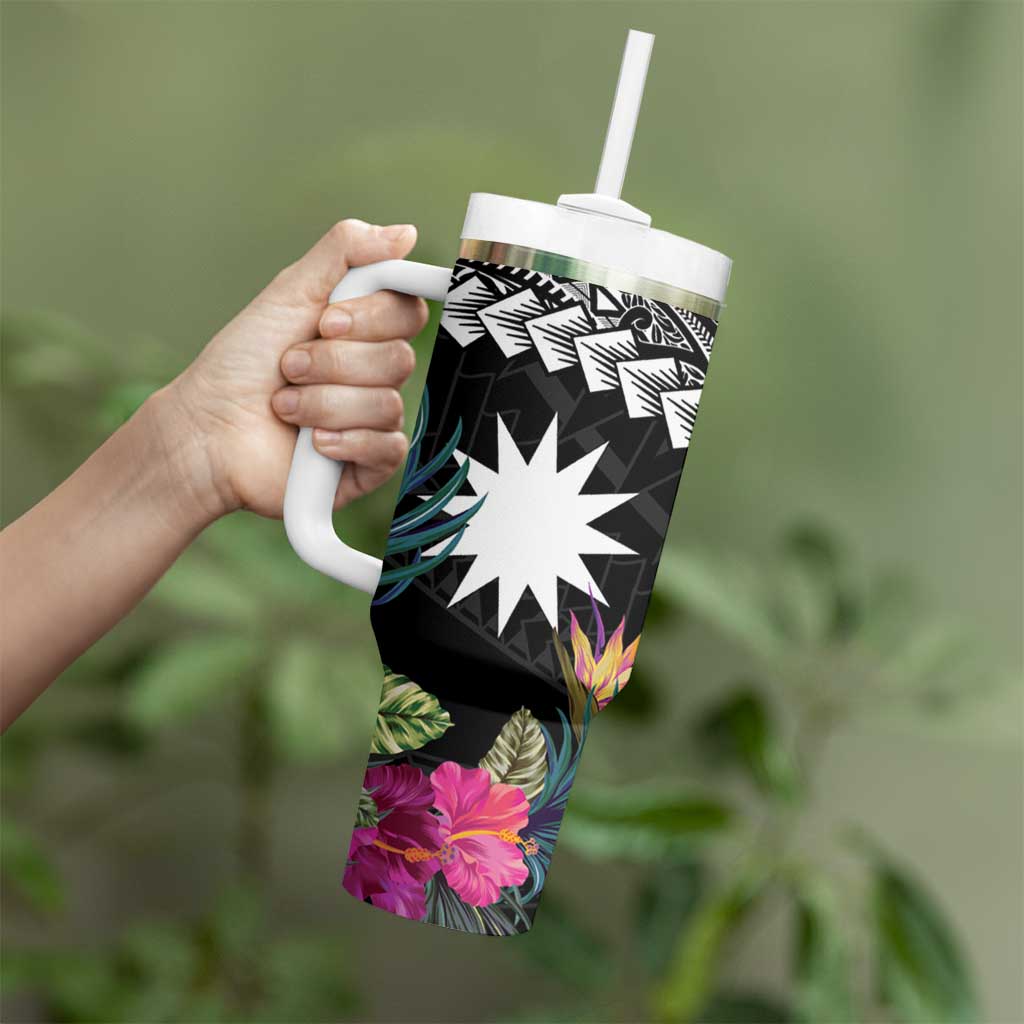 Black Nauru Tumbler With Handle Naoero Map With Polynesian Tropical Flowers LT14 - Polynesian Pride