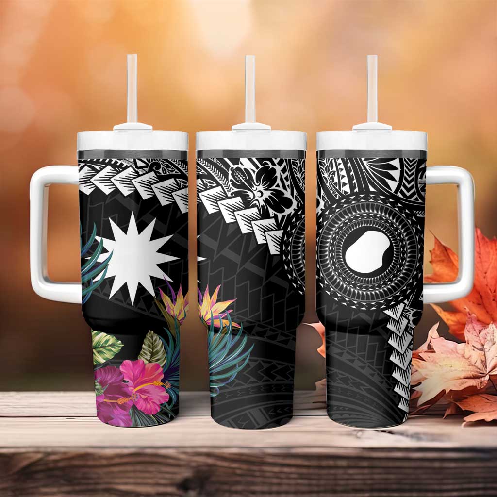 Black Nauru Tumbler With Handle Naoero Map With Polynesian Tropical Flowers LT14 - Polynesian Pride
