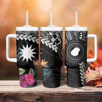Black Nauru Tumbler With Handle Naoero Map With Polynesian Tropical Flowers LT14 - Polynesian Pride