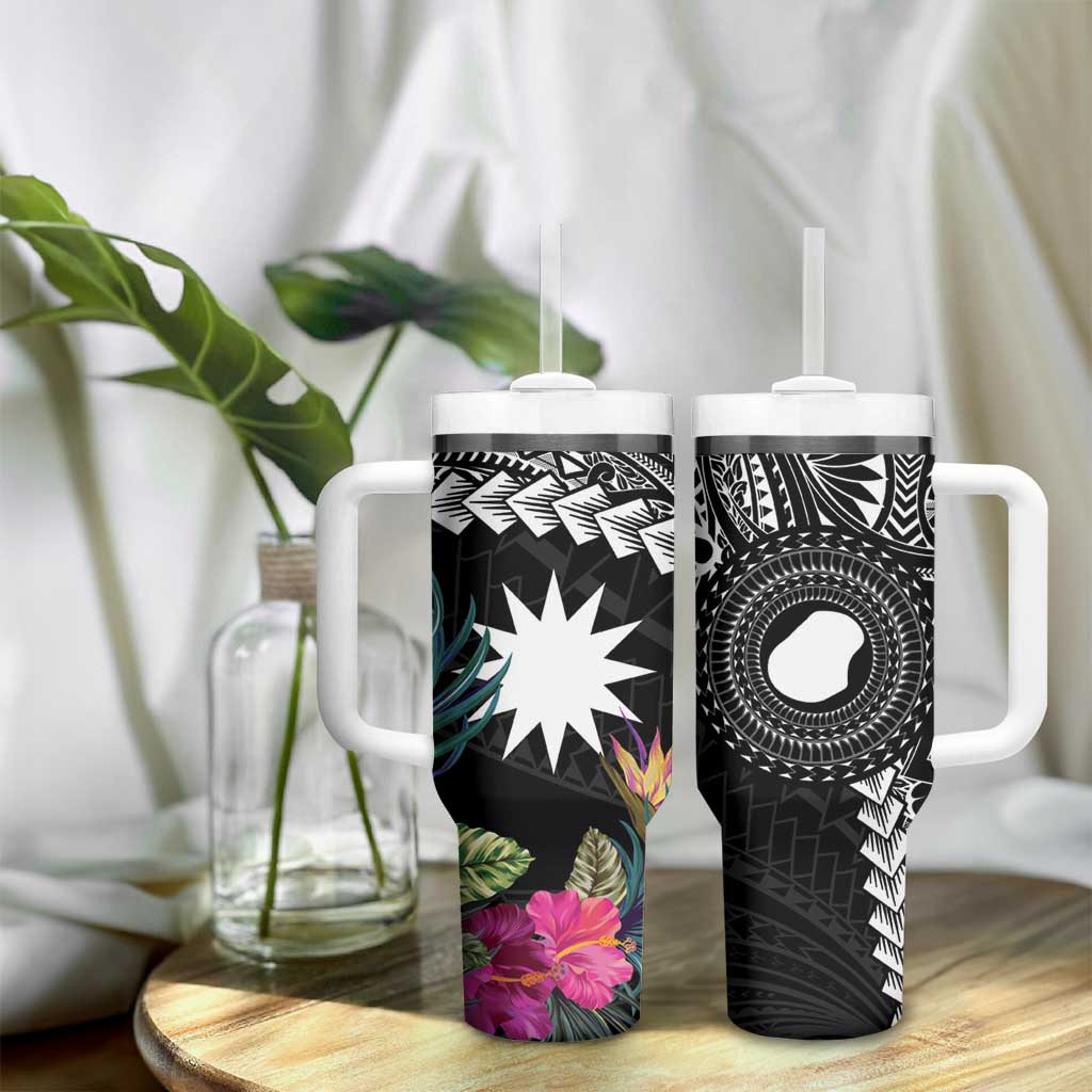 Black Nauru Tumbler With Handle Naoero Map With Polynesian Tropical Flowers LT14 - Polynesian Pride