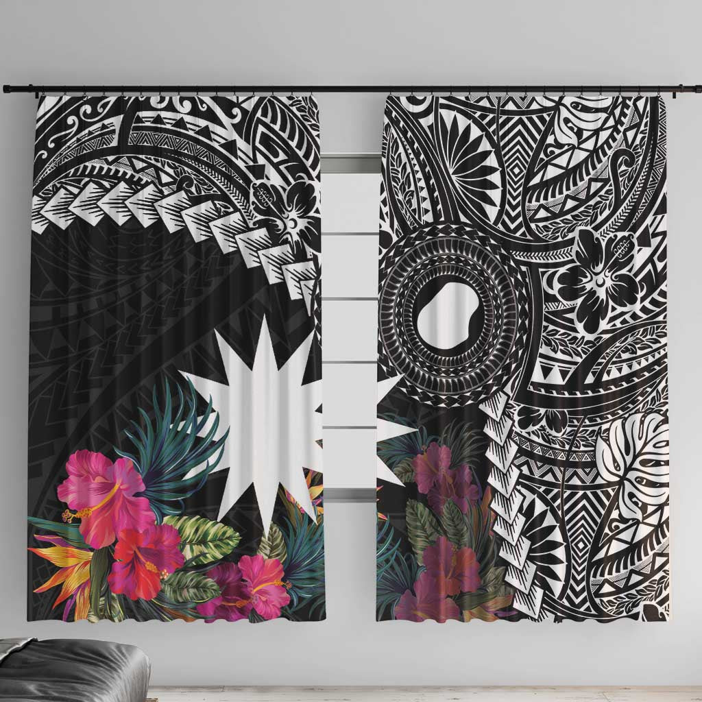 Black Nauru Window Curtain Naoero Map With Polynesian Tropical Flowers LT14 With Hooks Black - Polynesian Pride