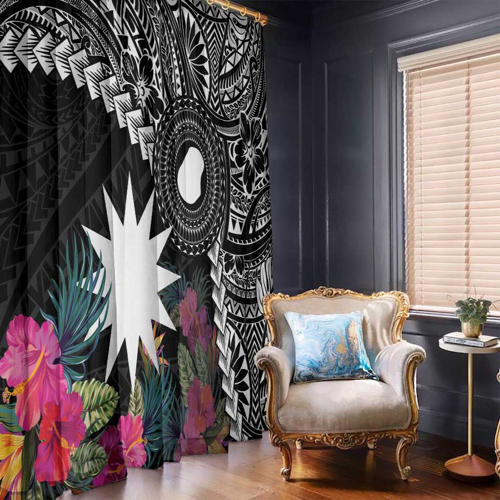Black Nauru Window Curtain Naoero Map With Polynesian Tropical Flowers LT14 - Polynesian Pride