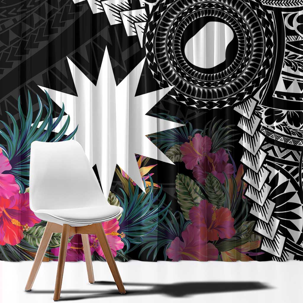 Black Nauru Window Curtain Naoero Map With Polynesian Tropical Flowers LT14 - Polynesian Pride