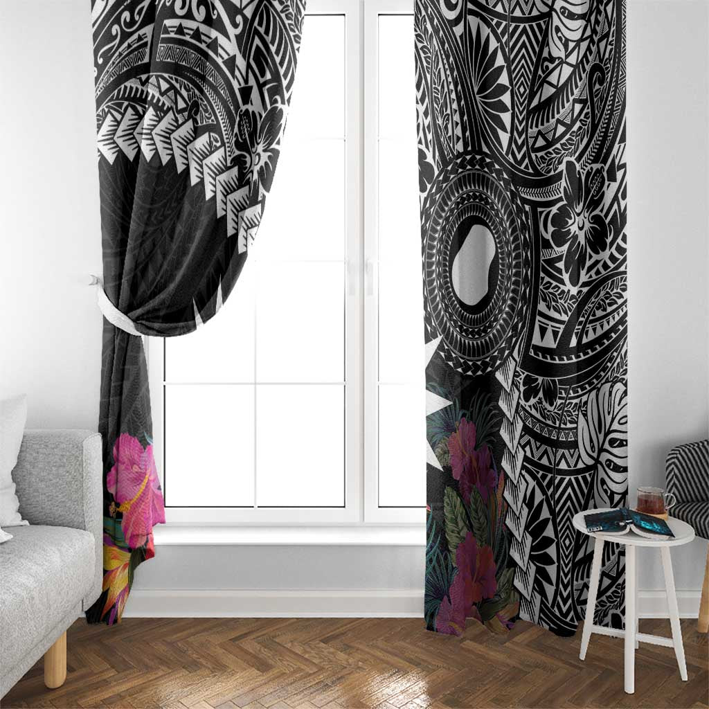 Black Nauru Window Curtain Naoero Map With Polynesian Tropical Flowers LT14 - Polynesian Pride
