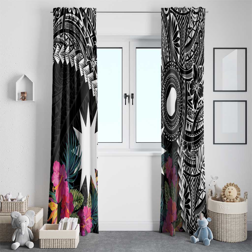 Black Nauru Window Curtain Naoero Map With Polynesian Tropical Flowers LT14 - Polynesian Pride