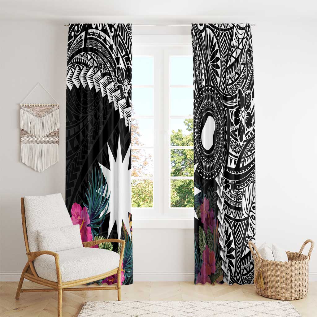 Black Nauru Window Curtain Naoero Map With Polynesian Tropical Flowers LT14 - Polynesian Pride