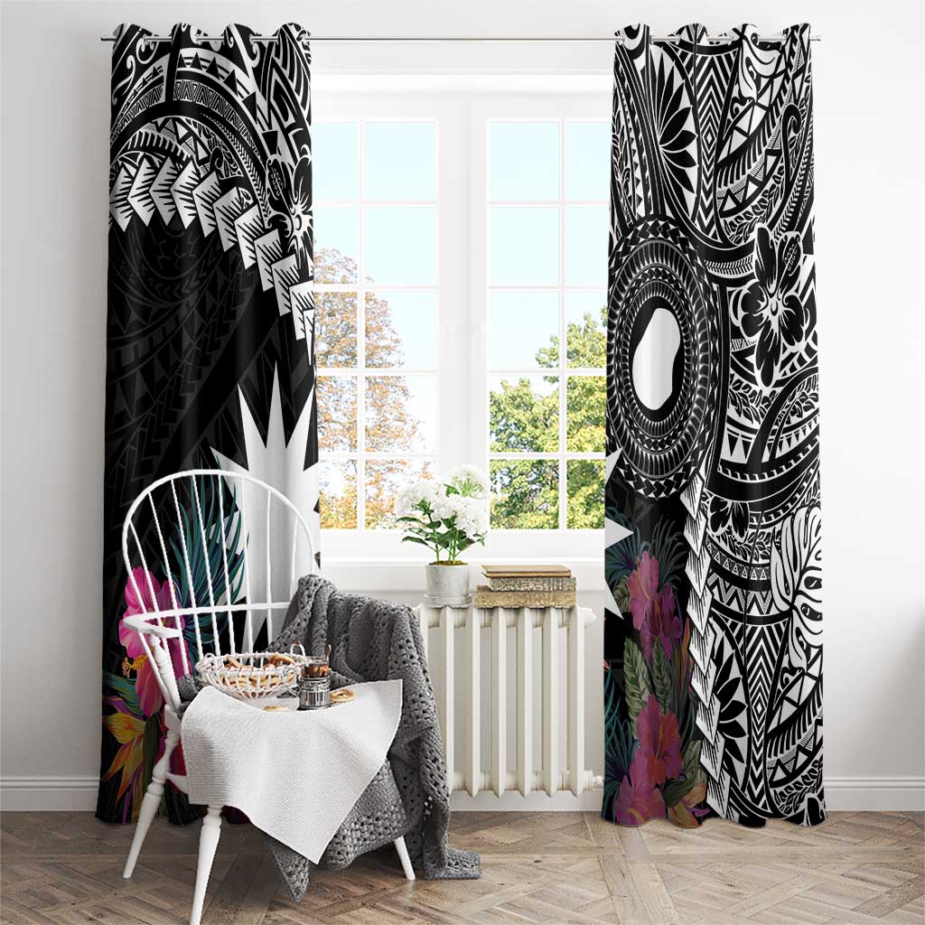 Black Nauru Window Curtain Naoero Map With Polynesian Tropical Flowers LT14 - Polynesian Pride