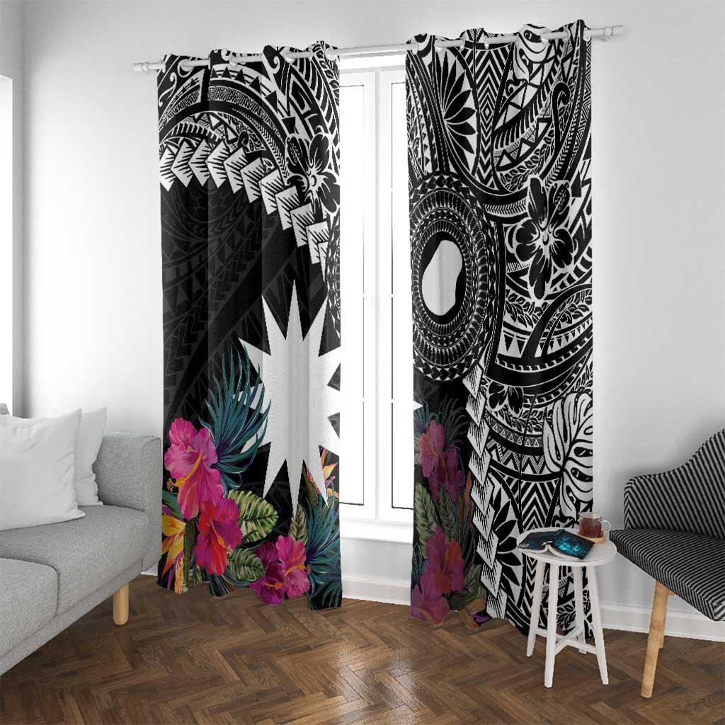 Black Nauru Window Curtain Naoero Map With Polynesian Tropical Flowers LT14 With Grommets Black - Polynesian Pride