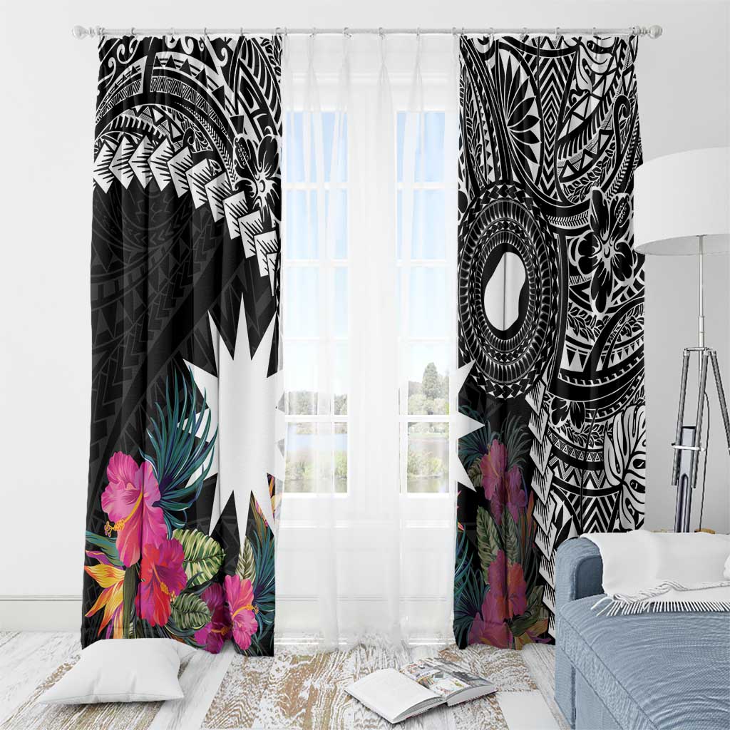 Black Nauru Window Curtain Naoero Map With Polynesian Tropical Flowers LT14 - Polynesian Pride
