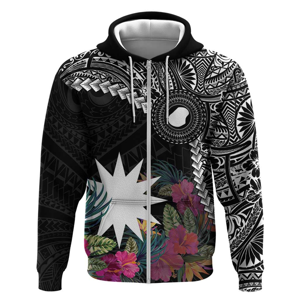 Black Nauru Zip Hoodie Naoero Map With Polynesian Tropical Flowers LT14 Zip Hoodie Black - Polynesian Pride