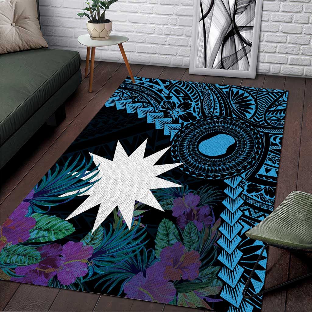 Blue Nauru Area Rug Naoero Map With Polynesian Tropical Flowers LT14 Blue - Polynesian Pride