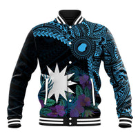 Blue Nauru Baseball Jacket Naoero Map With Polynesian Tropical Flowers LT14 Unisex Blue - Polynesian Pride