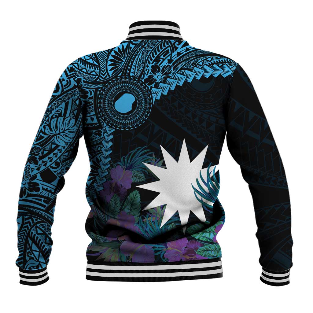 Blue Nauru Baseball Jacket Naoero Map With Polynesian Tropical Flowers LT14 - Polynesian Pride