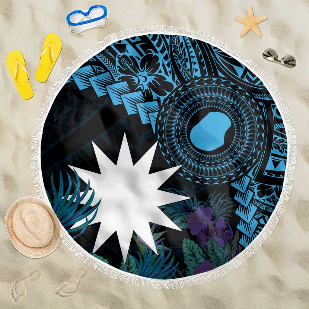 Blue Nauru Beach Blanket Naoero Map With Polynesian Tropical Flowers LT14 One Size 150cm Blue - Polynesian Pride