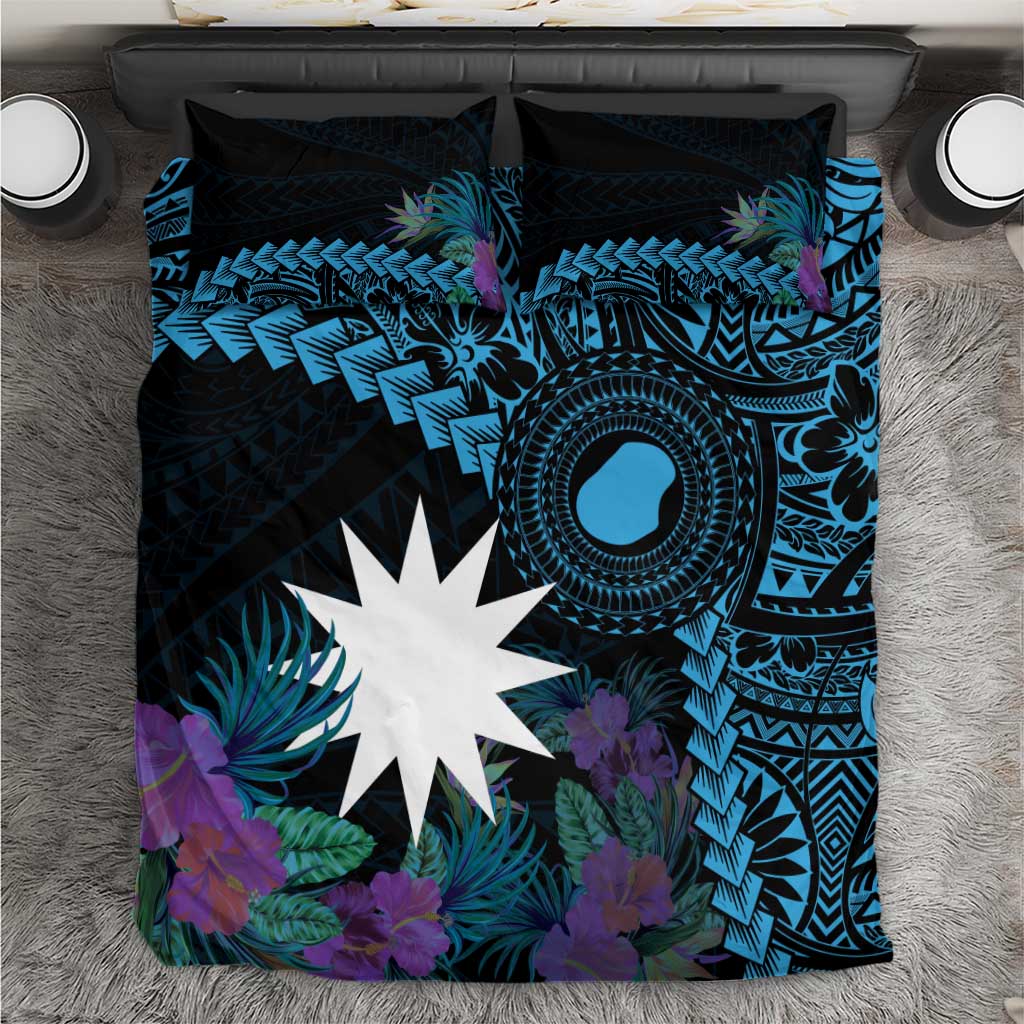 Blue Nauru Bedding Set Naoero Map With Polynesian Tropical Flowers LT14 Blue - Polynesian Pride