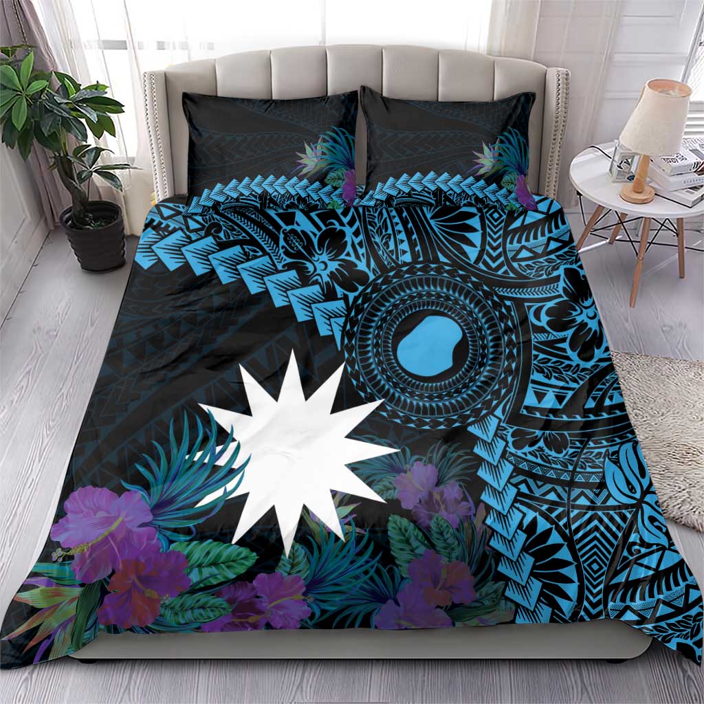 Blue Nauru Bedding Set Naoero Map With Polynesian Tropical Flowers LT14 - Polynesian Pride