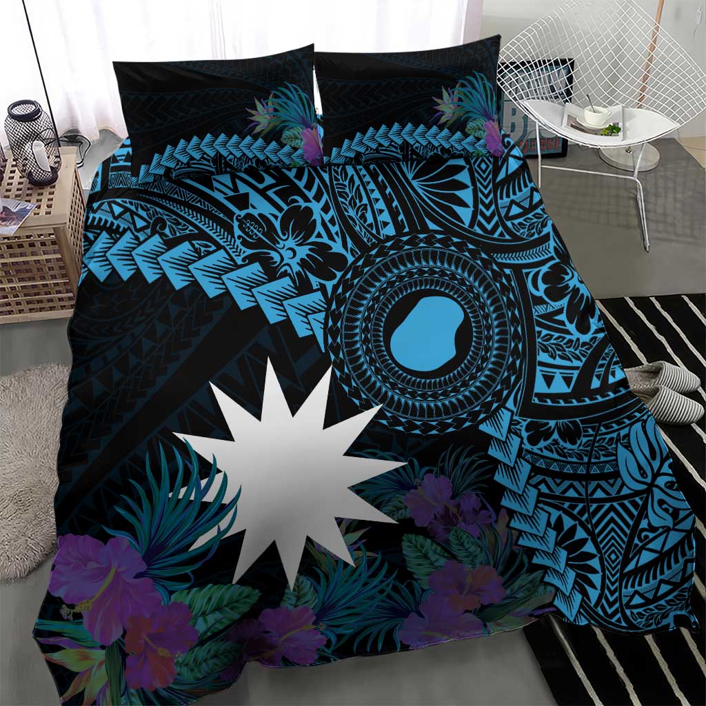 Blue Nauru Bedding Set Naoero Map With Polynesian Tropical Flowers LT14 - Polynesian Pride