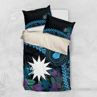 Blue Nauru Bedding Set Naoero Map With Polynesian Tropical Flowers LT14 US Twin 172cm x 218cm Blue - Polynesian Pride