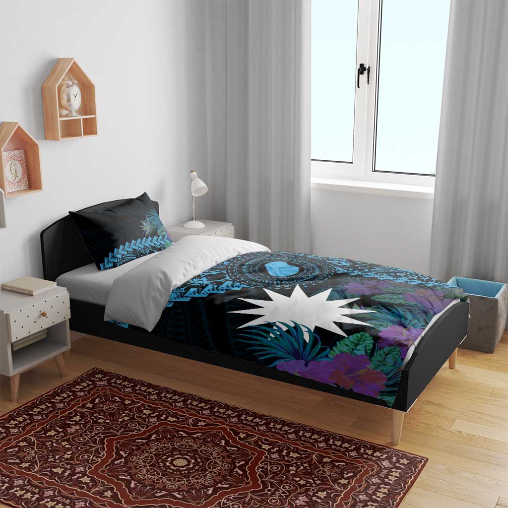 Blue Nauru Bedding Set Naoero Map With Polynesian Tropical Flowers LT14 - Polynesian Pride