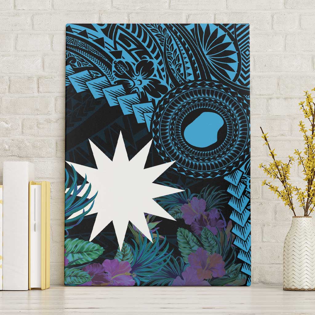 Blue Nauru Canvas Wall Art Naoero Map With Polynesian Tropical Flowers LT14 Without Frame Blue - Polynesian Pride