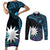 Blue Nauru Couples Matching Short Sleeve Bodycon Dress and Long Sleeve Button Shirt Naoero Map With Polynesian Tropical Flowers