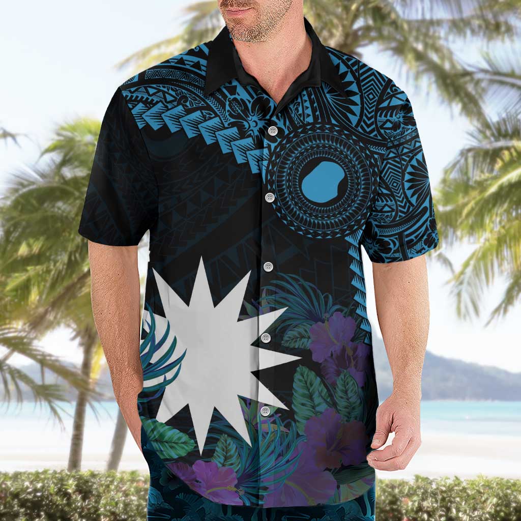 Blue Nauru Hawaiian Shirt Naoero Map With Polynesian Tropical Flowers LT14 - Polynesian Pride
