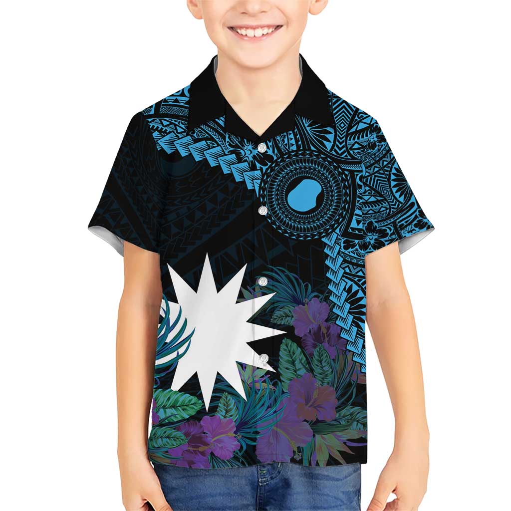 Blue Nauru Hawaiian Shirt Naoero Map With Polynesian Tropical Flowers LT14 - Polynesian Pride