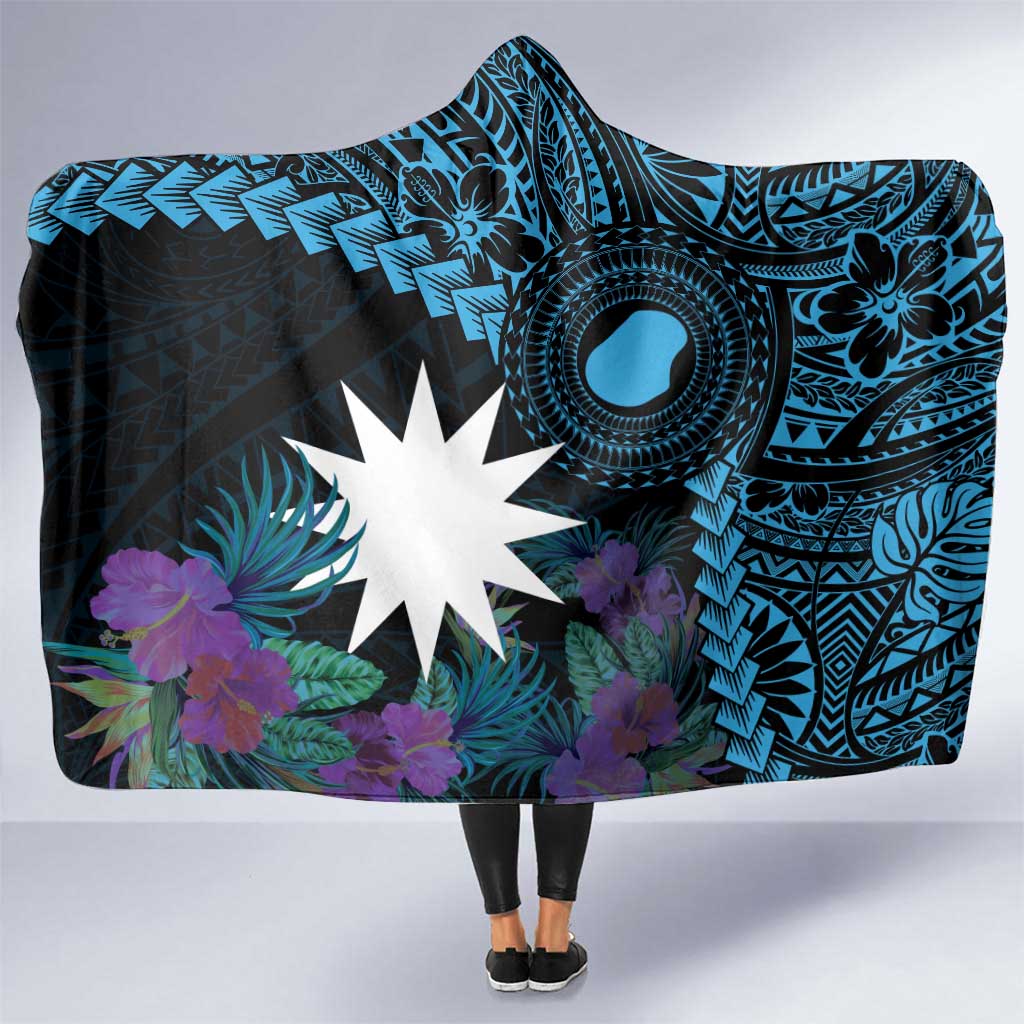 Blue Nauru Hooded Blanket Naoero Map With Polynesian Tropical Flowers LT14 One Size Blue - Polynesian Pride