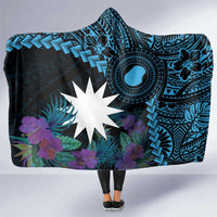 Blue Nauru Hooded Blanket Naoero Map With Polynesian Tropical Flowers LT14 One Size Blue - Polynesian Pride