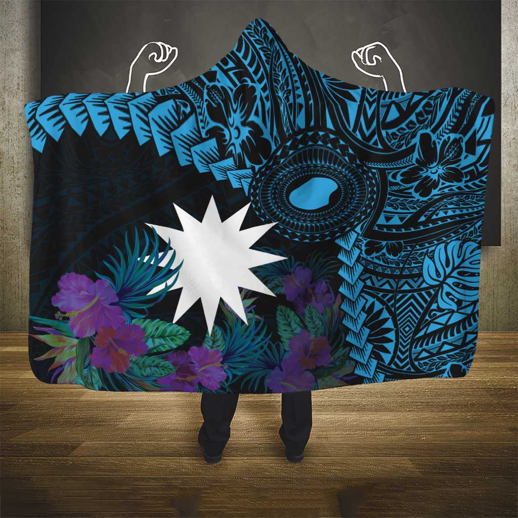 Blue Nauru Hooded Blanket Naoero Map With Polynesian Tropical Flowers LT14 - Polynesian Pride
