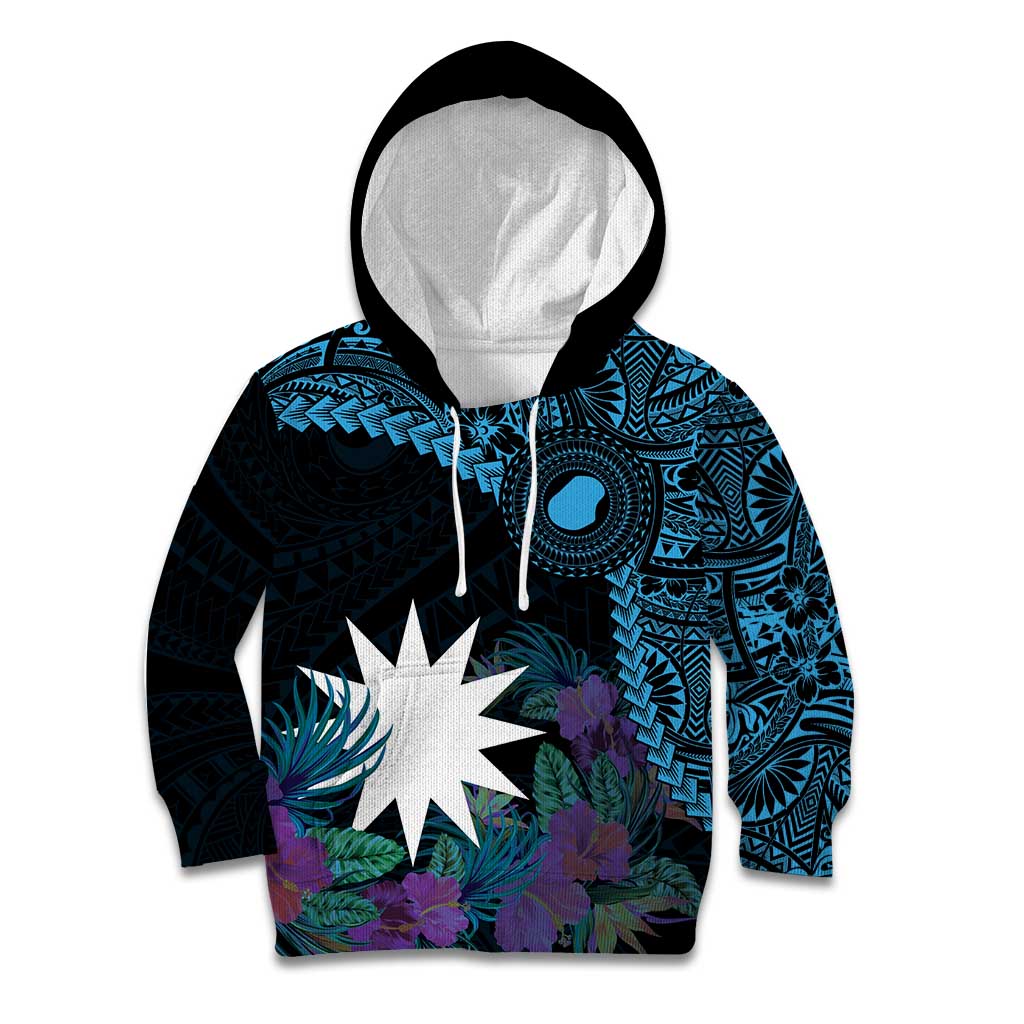 Blue Nauru Kid Hoodie Naoero Map With Polynesian Tropical Flowers LT14 Hoodie Blue - Polynesian Pride