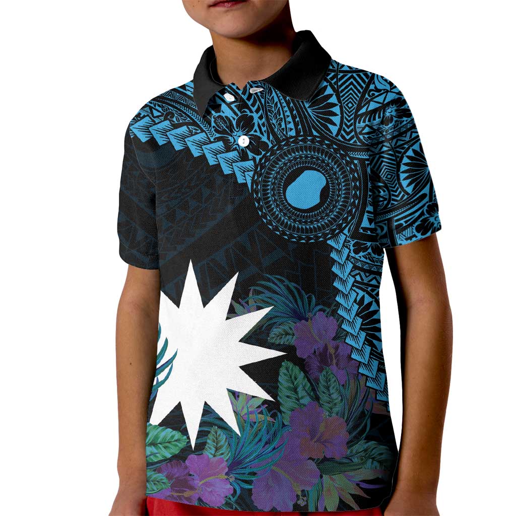 Blue Nauru Kid Polo Shirt Naoero Map With Polynesian Tropical Flowers LT14 Kid Blue - Polynesian Pride