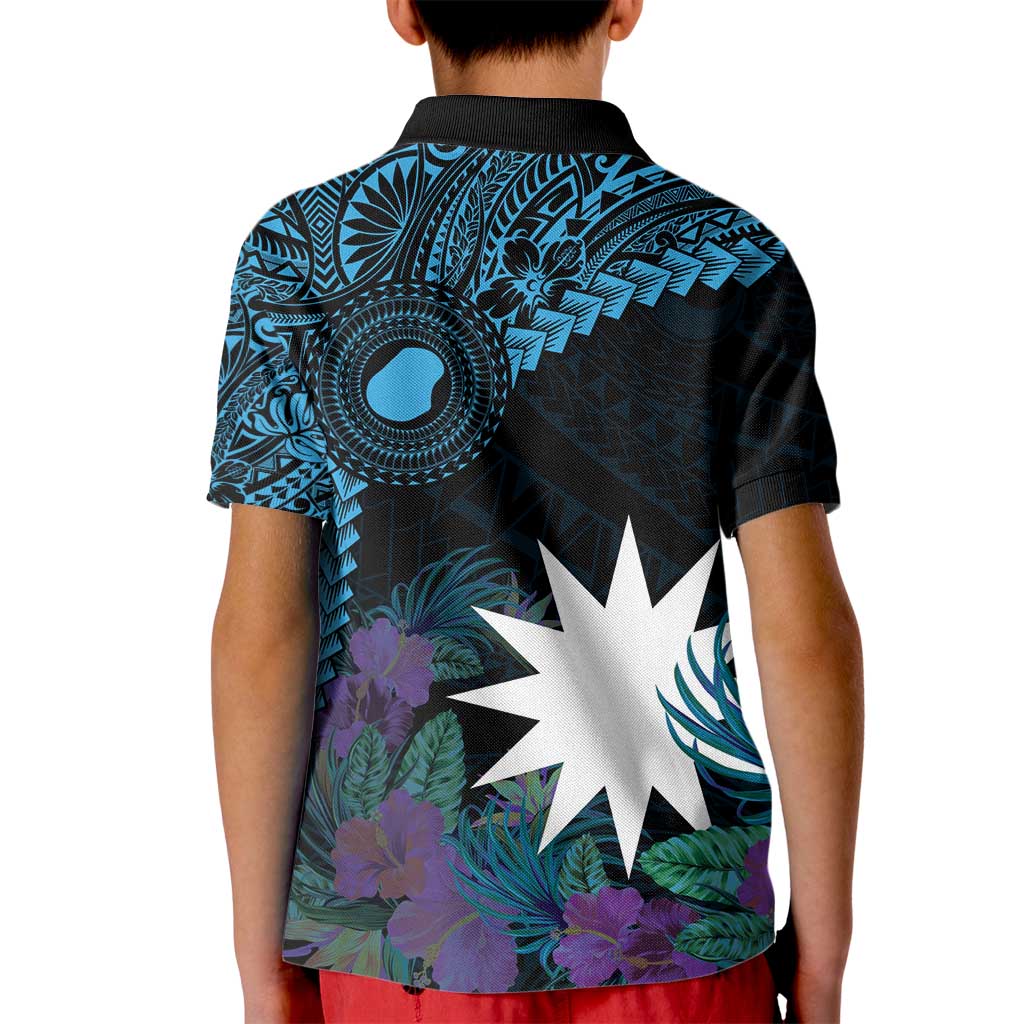 Blue Nauru Kid Polo Shirt Naoero Map With Polynesian Tropical Flowers LT14 - Polynesian Pride