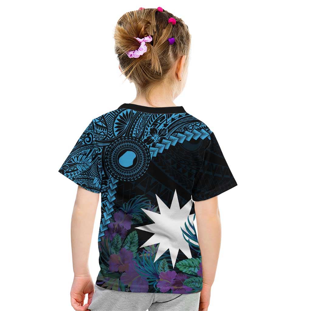 Blue Nauru Kid T Shirt Naoero Map With Polynesian Tropical Flowers LT14 - Polynesian Pride
