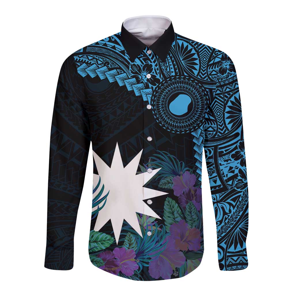 Blue Nauru Long Sleeve Button Shirt Naoero Map With Polynesian Tropical Flowers LT14 Unisex Blue - Polynesian Pride