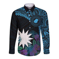 Blue Nauru Long Sleeve Button Shirt Naoero Map With Polynesian Tropical Flowers LT14 Unisex Blue - Polynesian Pride