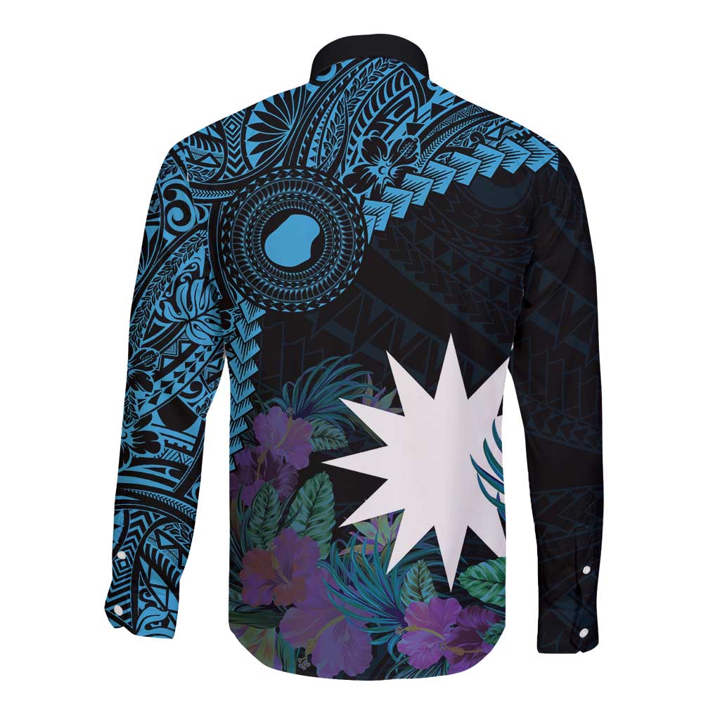 Blue Nauru Long Sleeve Button Shirt Naoero Map With Polynesian Tropical Flowers LT14 - Polynesian Pride