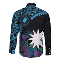 Blue Nauru Long Sleeve Button Shirt Naoero Map With Polynesian Tropical Flowers LT14 - Polynesian Pride