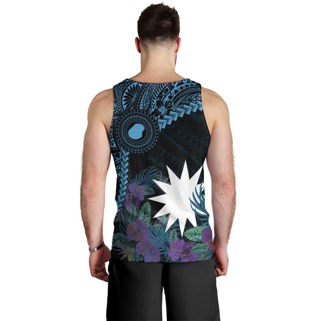 Blue Nauru Men Tank Top Naoero Map With Polynesian Tropical Flowers LT14 - Polynesian Pride