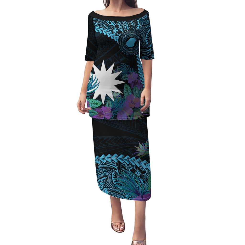 Blue Nauru Puletasi Naoero Map With Polynesian Tropical Flowers LT14 Long Dress Blue - Polynesian Pride