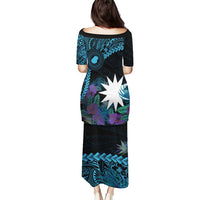 Blue Nauru Puletasi Naoero Map With Polynesian Tropical Flowers LT14 - Polynesian Pride