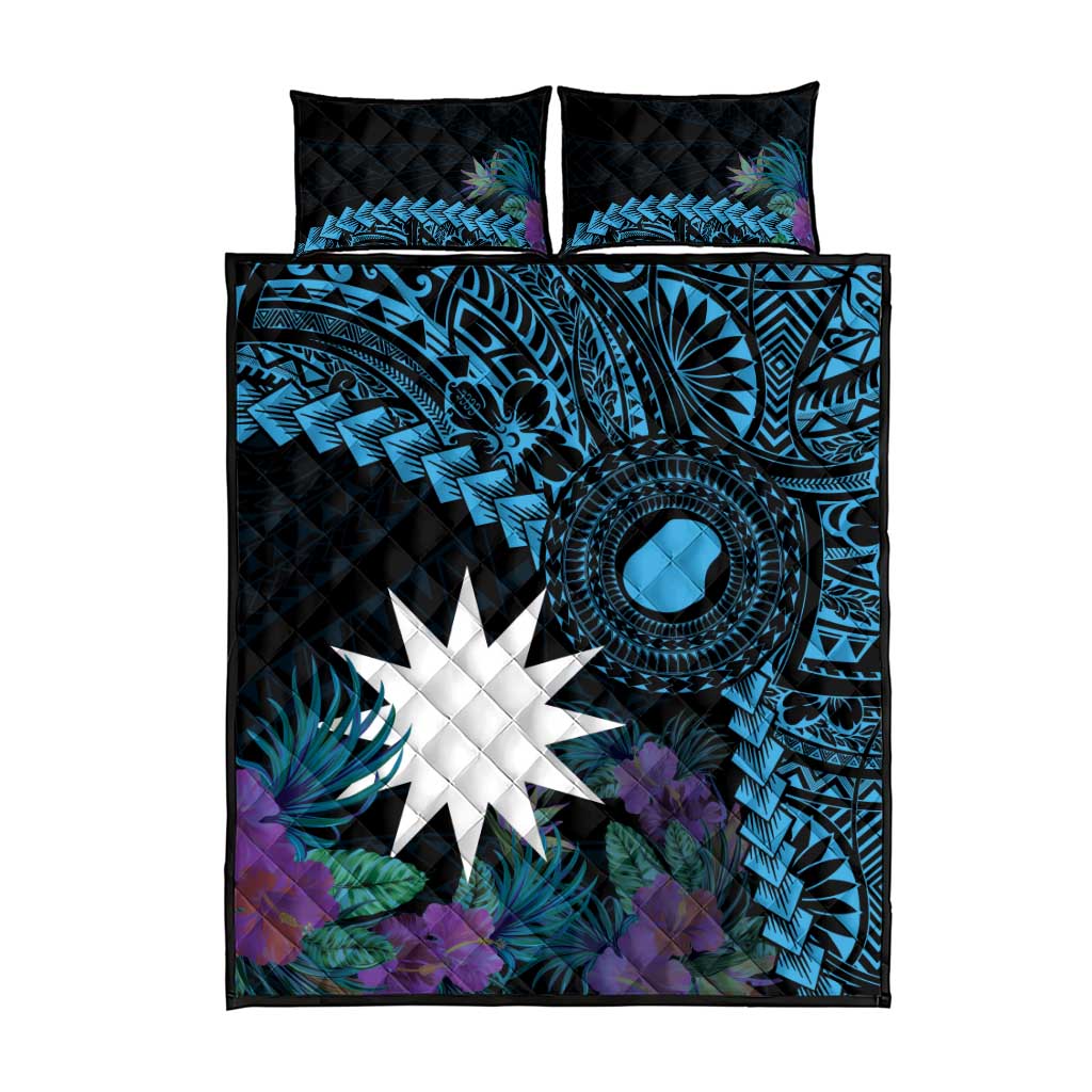 Blue Nauru Quilt Bed Set Naoero Map With Polynesian Tropical Flowers LT14 - Polynesian Pride