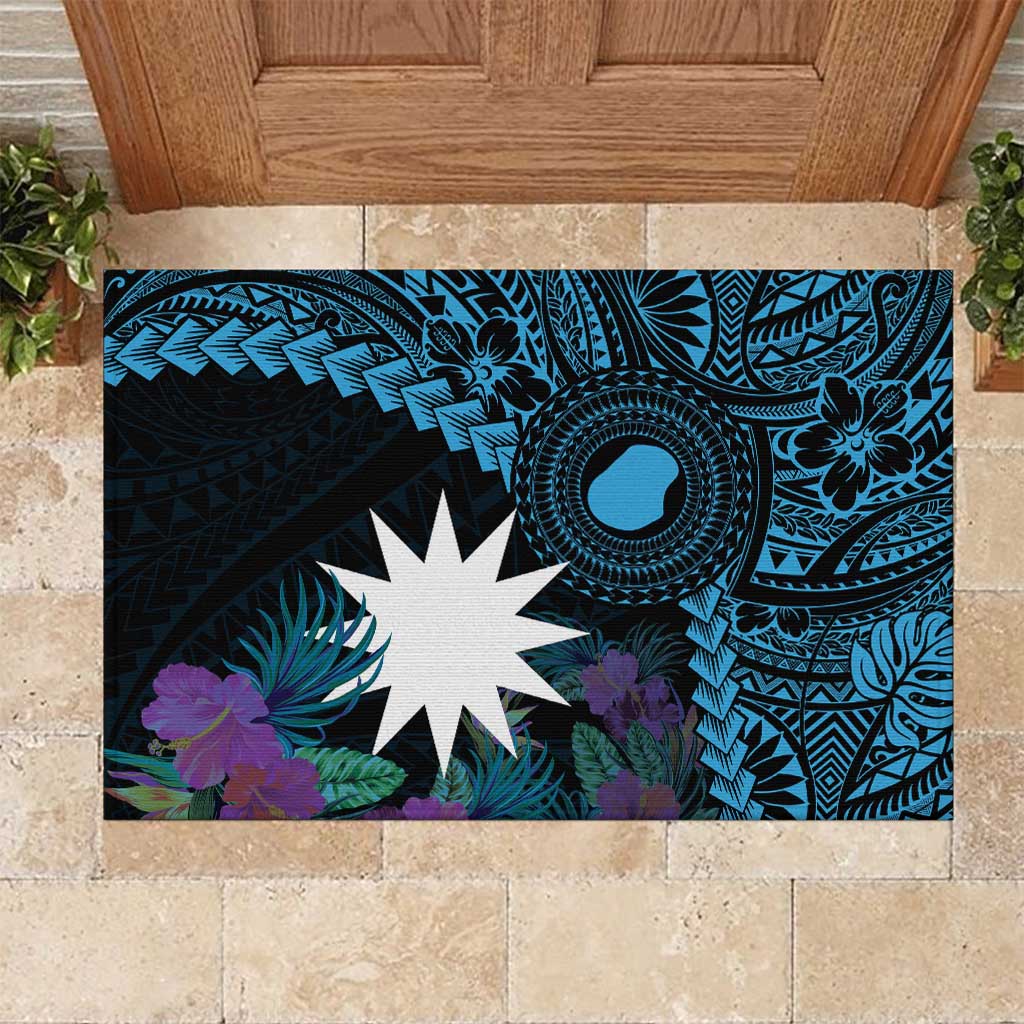 Blue Nauru Rubber Doormat Naoero Map With Polynesian Tropical Flowers LT14 Blue - Polynesian Pride