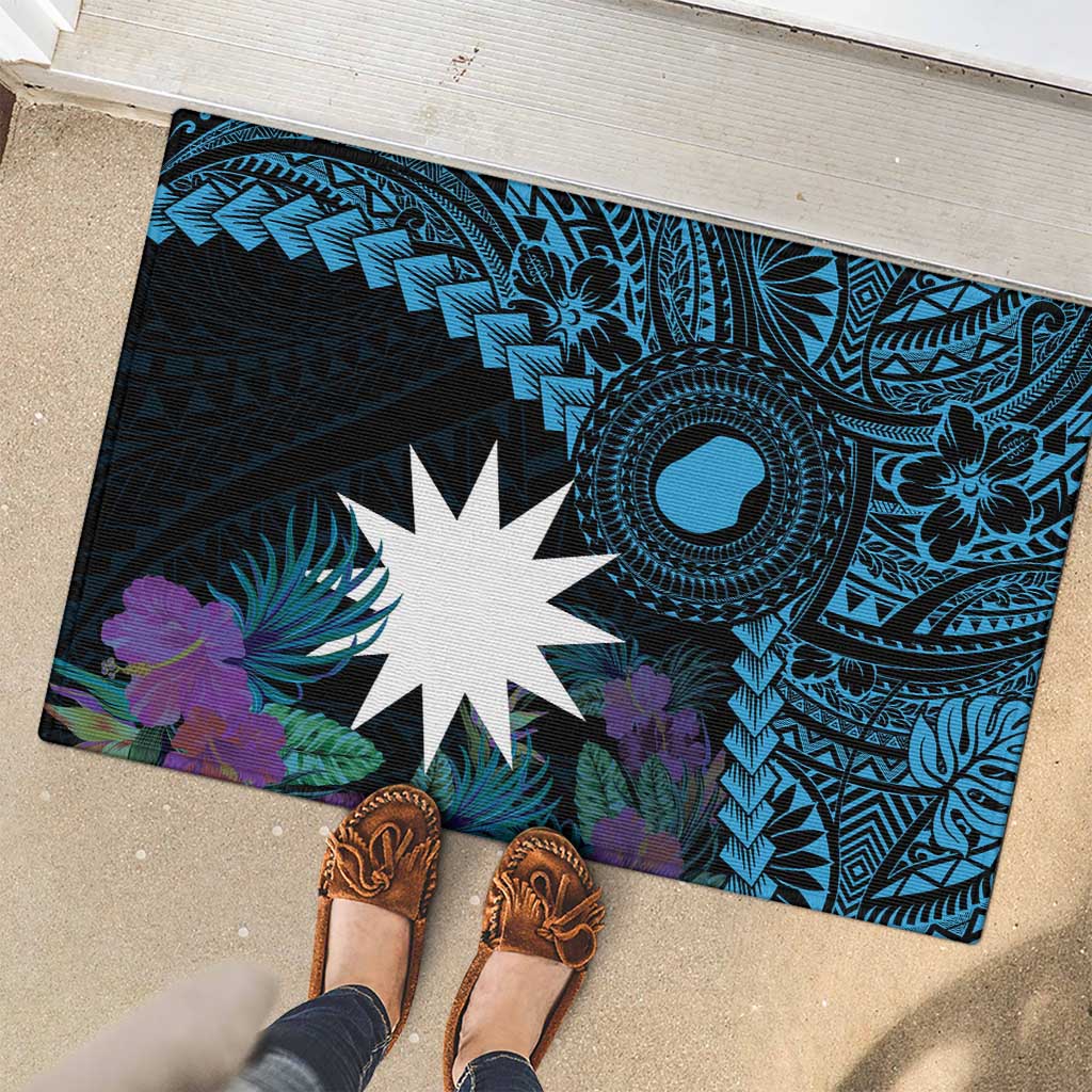 Blue Nauru Rubber Doormat Naoero Map With Polynesian Tropical Flowers LT14 - Polynesian Pride