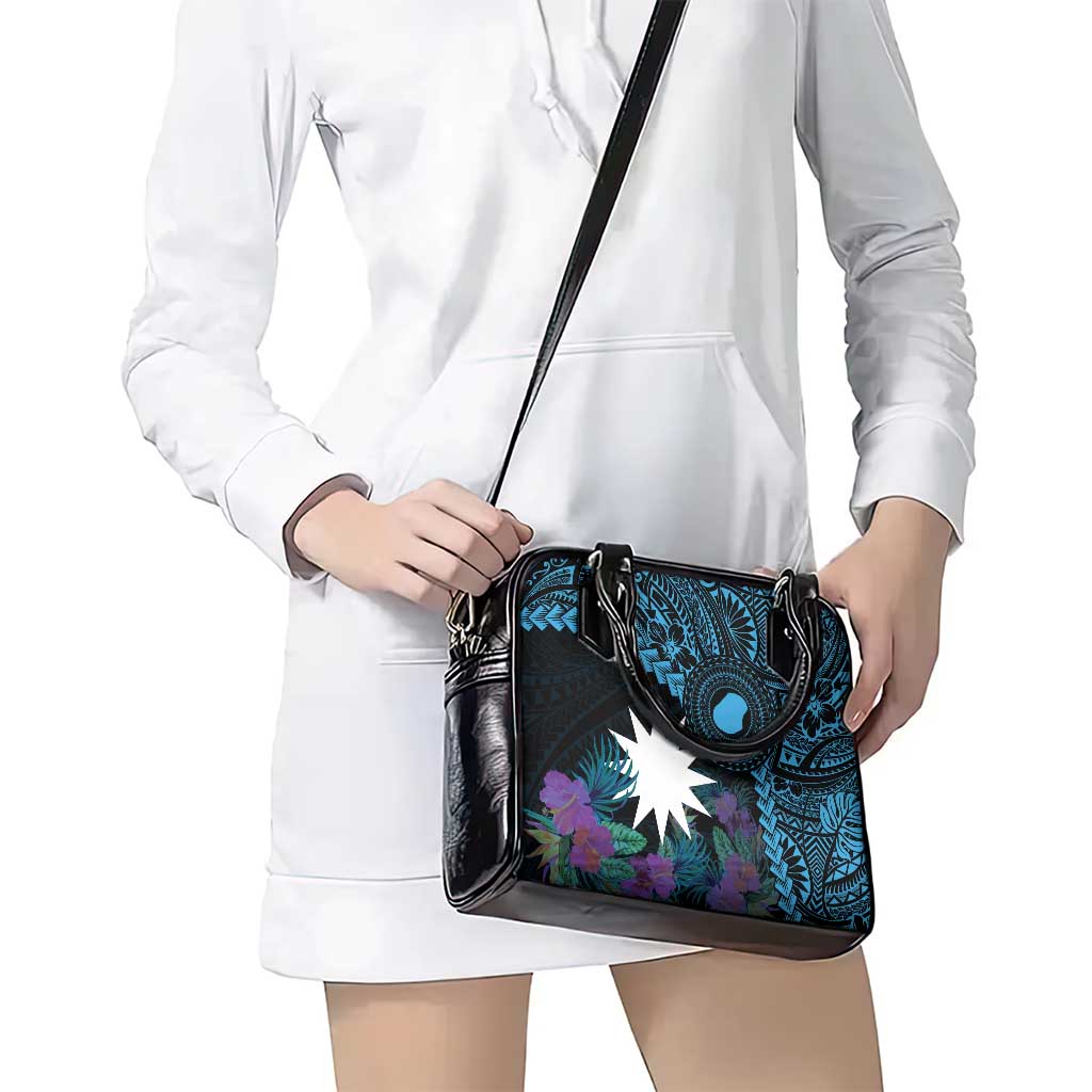 Blue Nauru Shoulder Handbag Naoero Map With Polynesian Tropical Flowers LT14 - Polynesian Pride