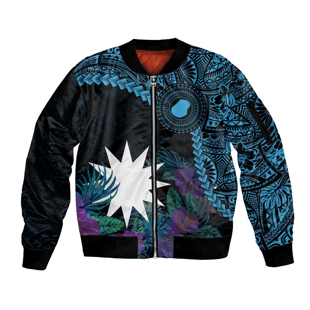 Blue Nauru Sleeve Zip Bomber Jacket Naoero Map With Polynesian Tropical Flowers LT14 Unisex Blue - Polynesian Pride