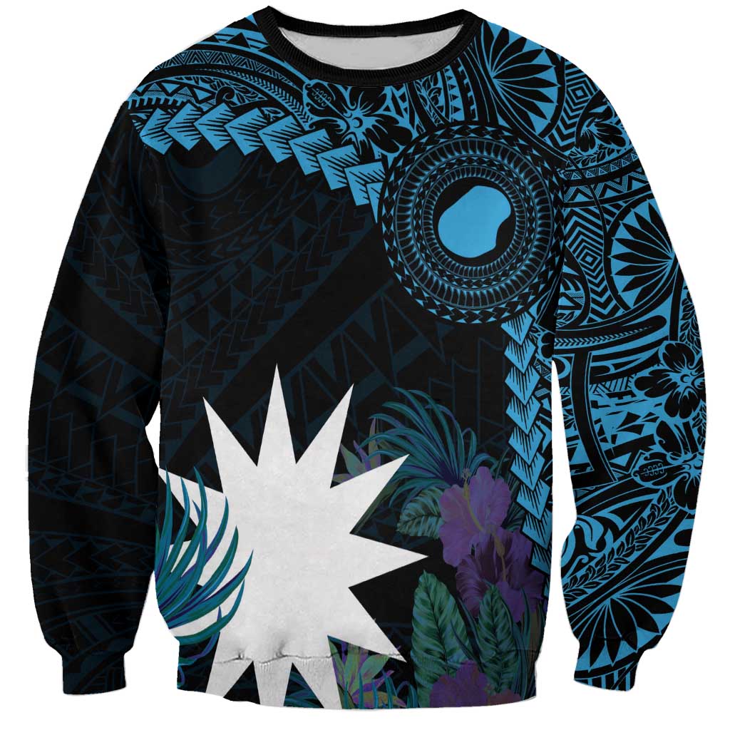 Blue Nauru Sweatshirt Naoero Map With Polynesian Tropical Flowers LT14 Unisex Blue - Polynesian Pride