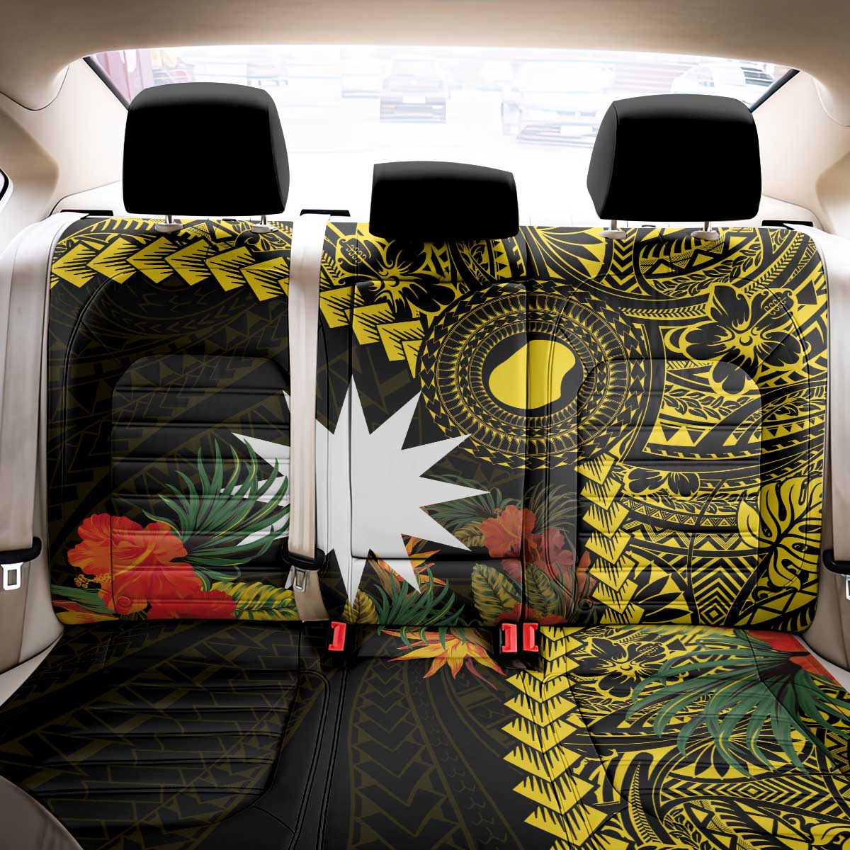 Gold Nauru Back Car Seat Cover Naoero Map With Polynesian Tropical Flowers LT14 - Polynesian Pride